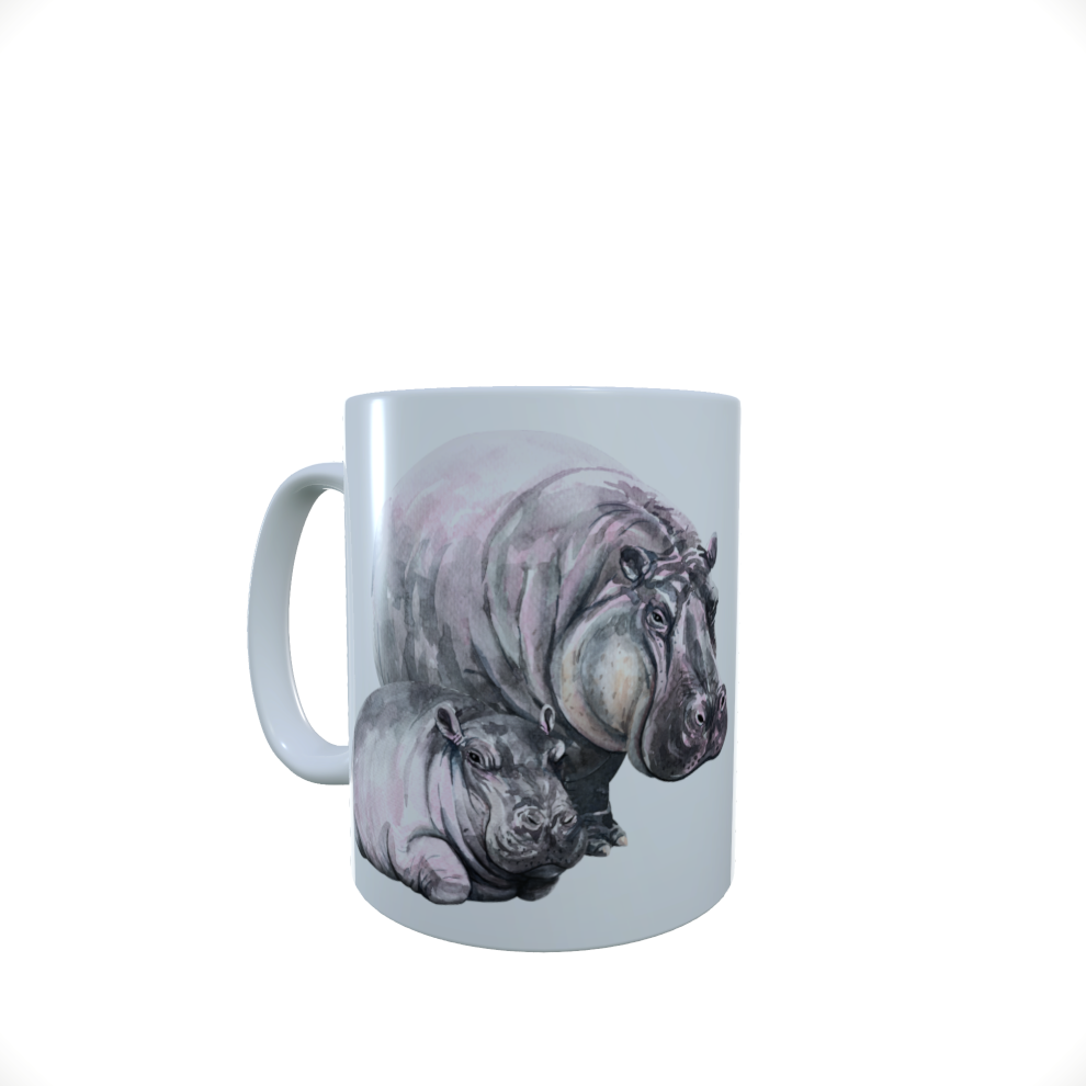 Hippo Ceramic Mug 2, Baby Hippo & Mum Mug, Hippo Latte Mug